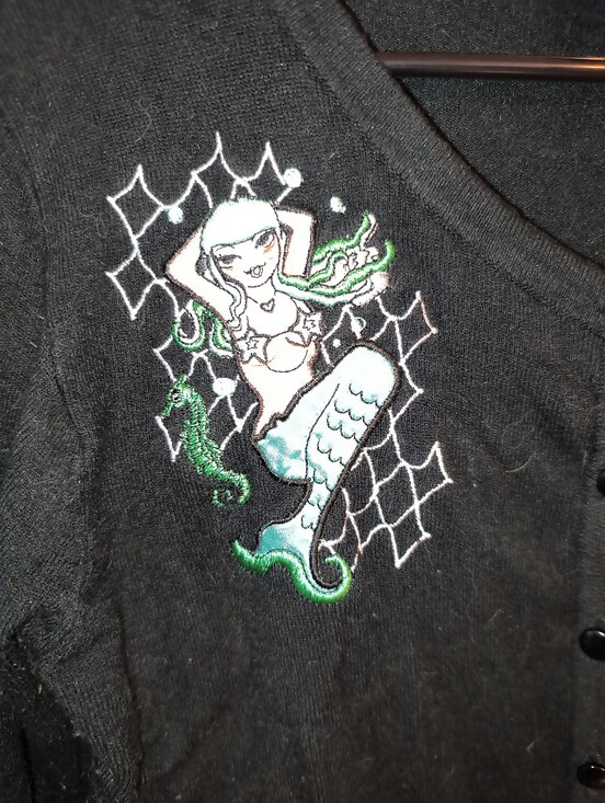 Voodoo Vixen Sweaters - Black Voodoo Vixen Mermaid Retro Embroidered Cardigan